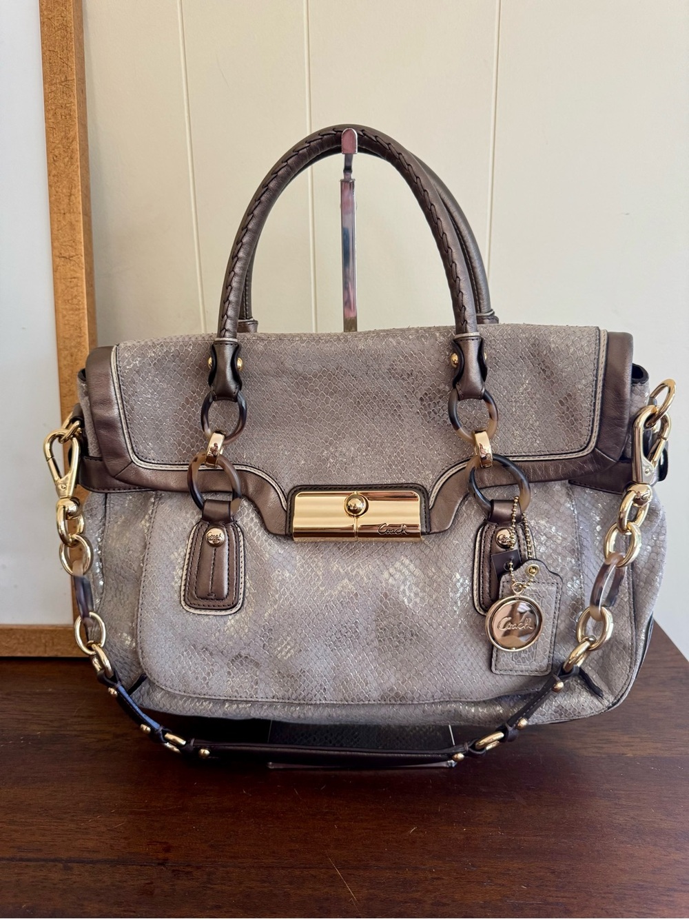 Coach Kristin Python Embossed Flap Satchel Bronze Smoke Metallic 18309 Rare